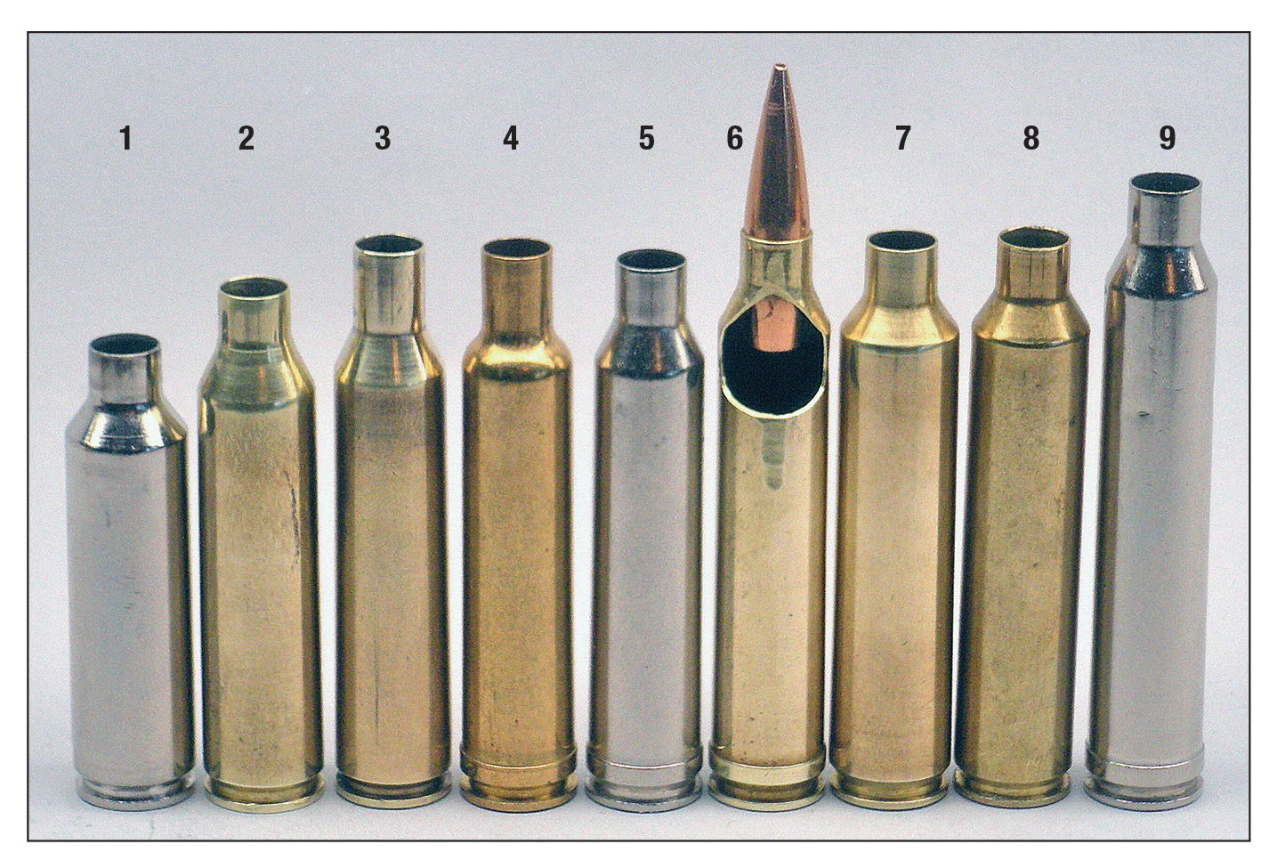 The sectioned 7mm-300 Winchester Magnum (6) shows seating depth for a Berger 140-grain VLD that is representative for all the cartridges shown: (1) 7mm WSM, (2) 7mm-404, (3) 7mm Newton, (4) 7mm Weatherby Magnum, (5) 7mm Remington Magnum, (7) .28 Nosler, (8) 7mm-375 Ruger and (9) 7mm STW.